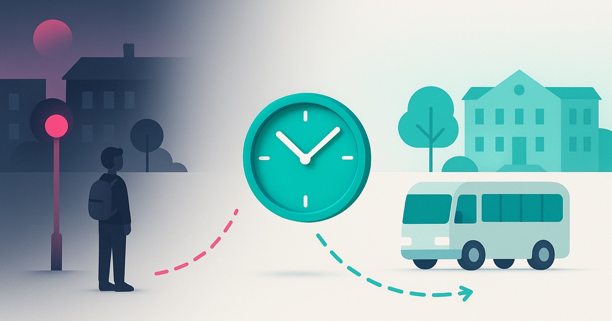 Illustration of a student waiting alone on a dark campus at night on the left, a teal clock in the middle, and a shuttle serving a lit campus on the right.