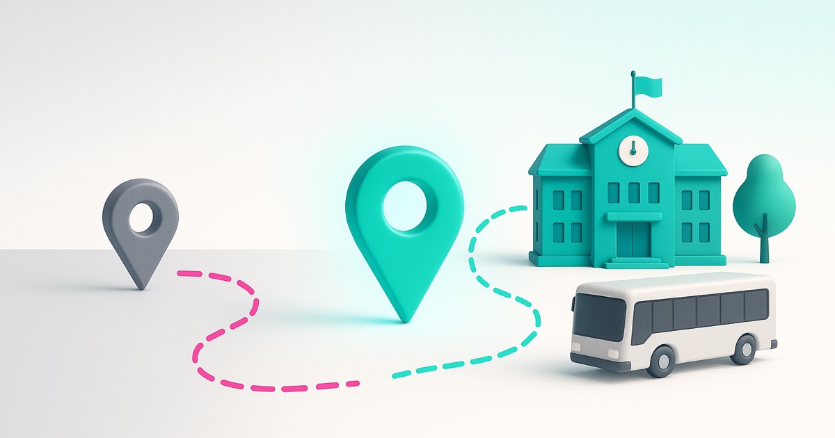 Illustration of a lone gray marker in empty territory on the left, a teal map pin in the middle, and a shuttle serving a campus building on the right.