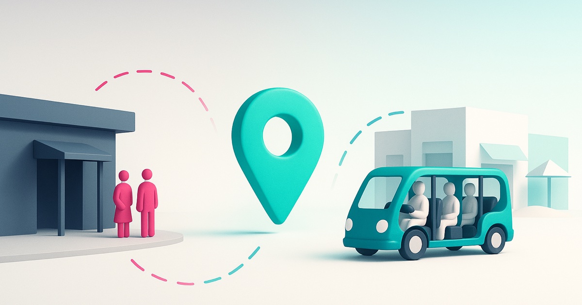 Illustration of guests waiting outside a gray building on the left, a teal map pin in the middle, and a teal shuttle carrying guests toward shops on the right.