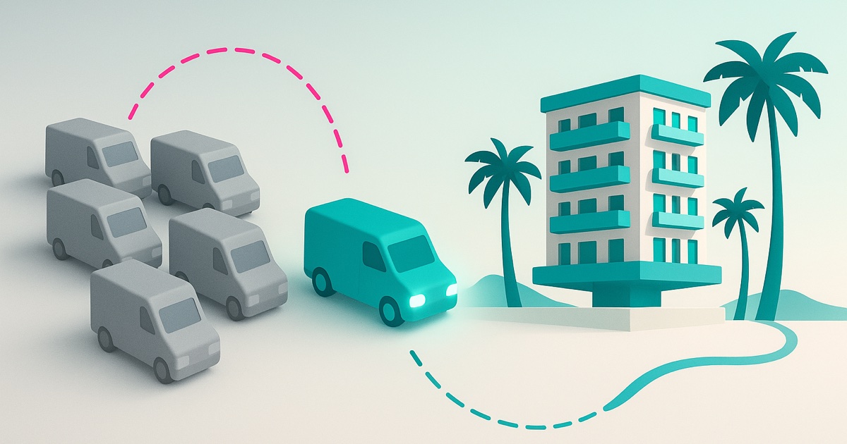Illustration of a crowd of identical gray vans on the left, a single teal van in the middle, and a bright coastal building with palms on the right.
