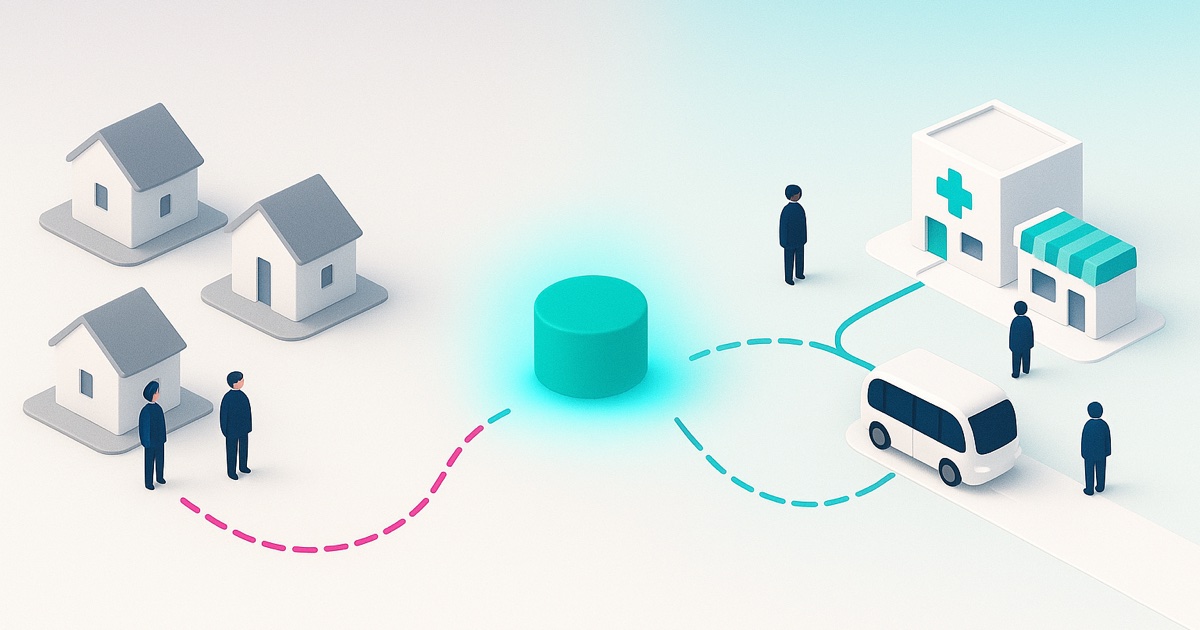 Illustration of isolated houses with residents standing apart on the left and a shuttle linking residents to a clinic and market on the right.