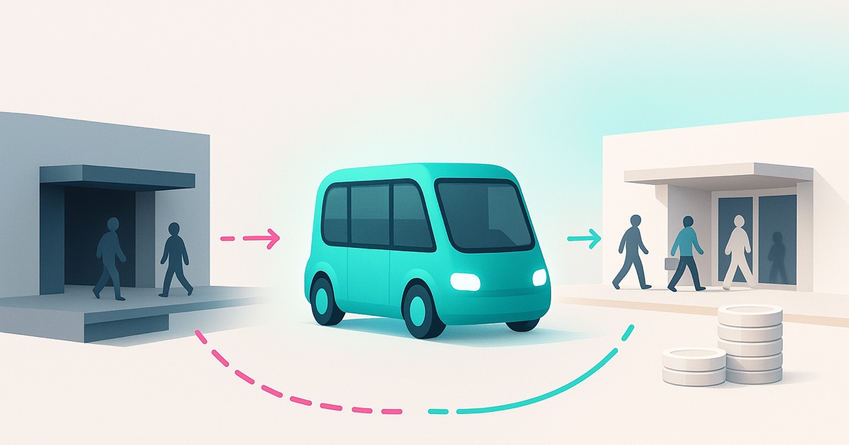 Illustration of guests walking away from a gray hotel on the left, a teal shuttle in the middle, and returning guests with stacked coins on the right.