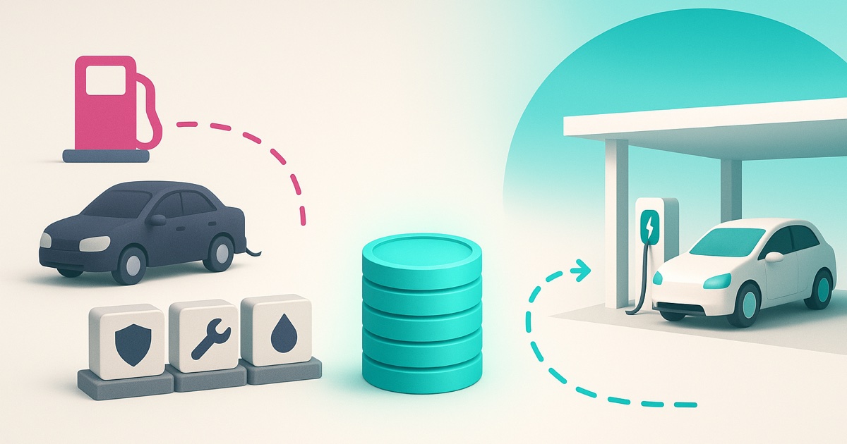 Illustration of a gas car with a fuel pump and running costs on the left, a teal stack of coins in the middle, and an electric car charging on the right.