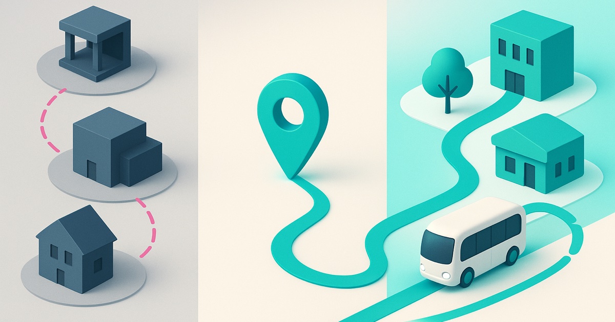 Illustration of separated gray neighborhood blocks on the left and a teal shuttle route connecting bright homes and shops on the right.