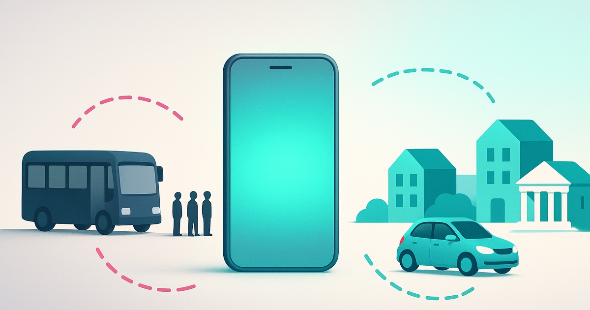 Illustration of an aging bus with a queue of students on the left, a teal smartphone in the middle, and a campus served by on-demand rides on the right.