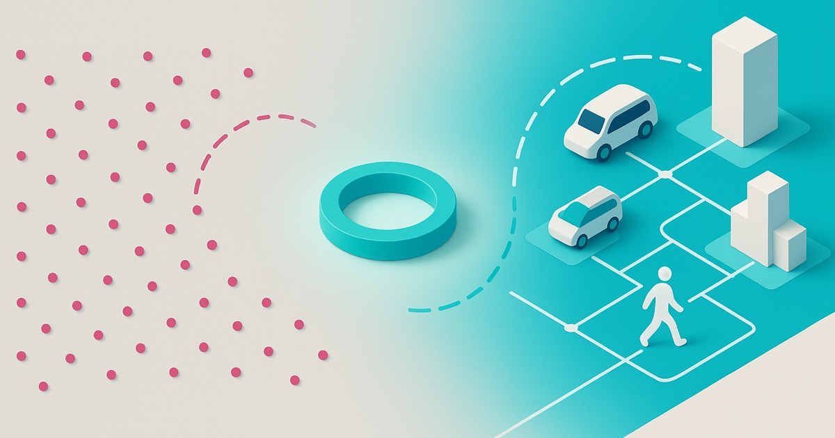 Illustration of scattered pink ride dots with no pattern on the left and an organized teal network of vehicles, buildings and walkers on the right.