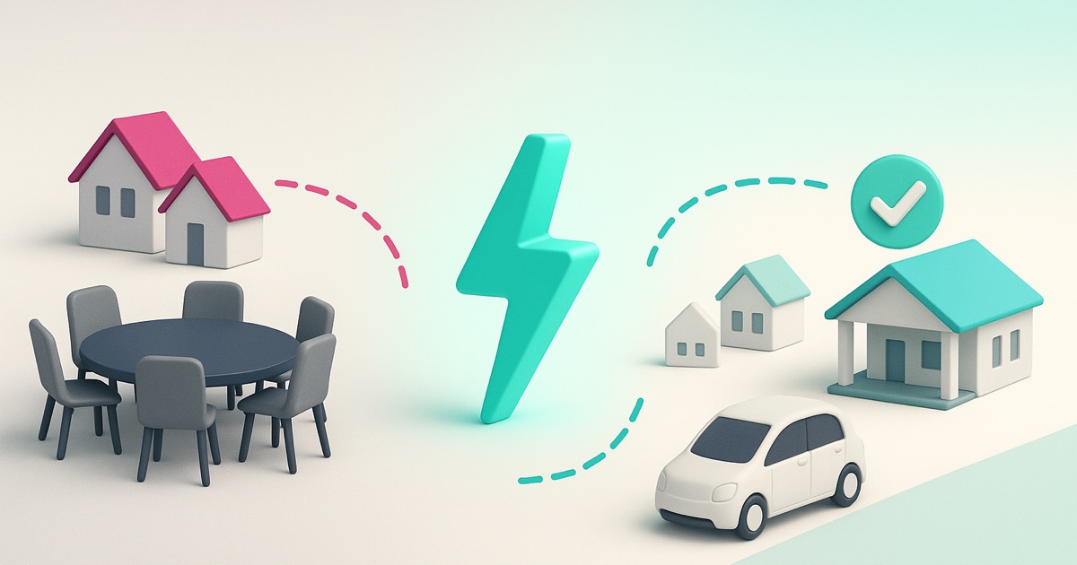 Illustration of a board meeting table and divided houses on the left, a teal charging bolt in the middle, and an approved shuttle program on the right.