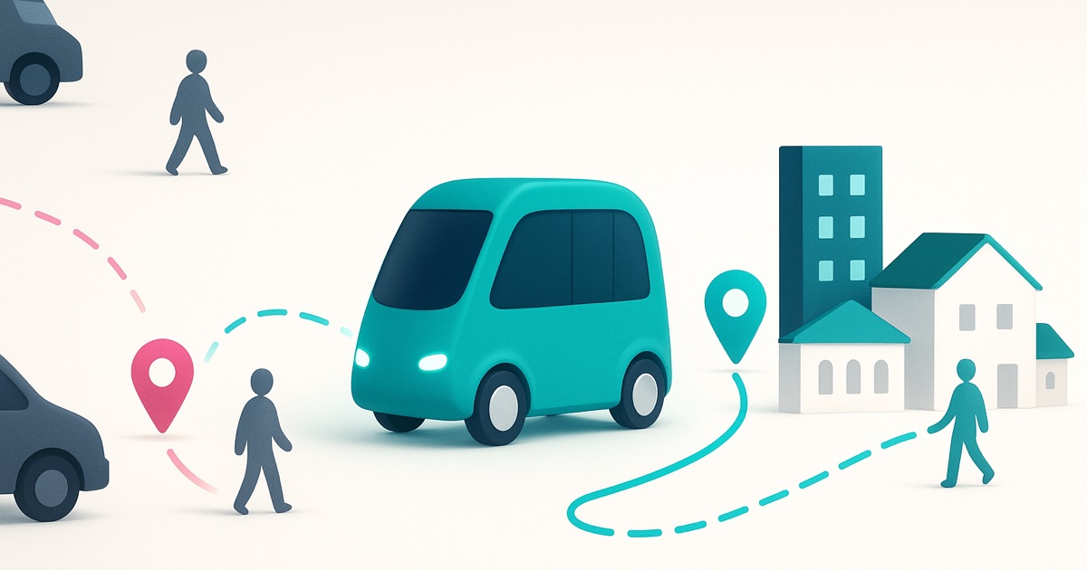 Illustration of disconnected gray cars and walkers on the left, a teal shuttle in the middle, and buildings served by a shuttle route on the right.