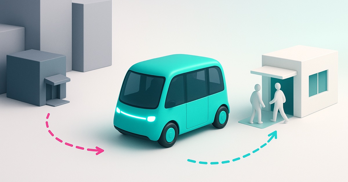 Illustration of a small gray hotel hemmed in by larger buildings on the left and a compact teal shuttle serving guests at its door on the right.