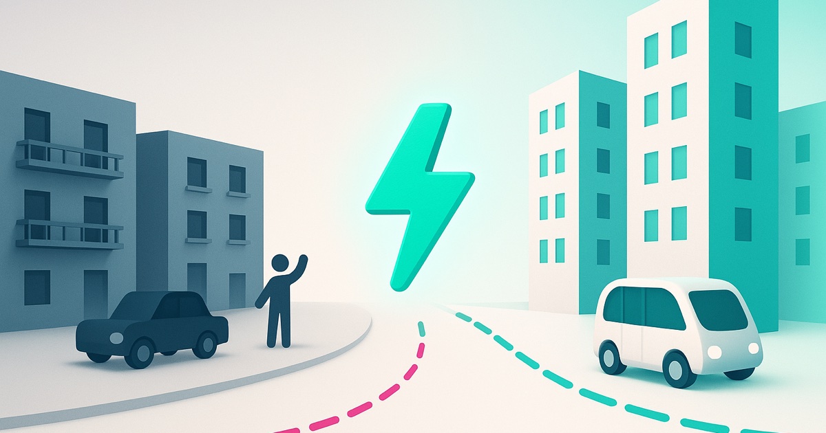 Illustration of a guest hailing a ride that never comes outside gray hotels on the left and bright hotels each served by an electric shuttle on the right.