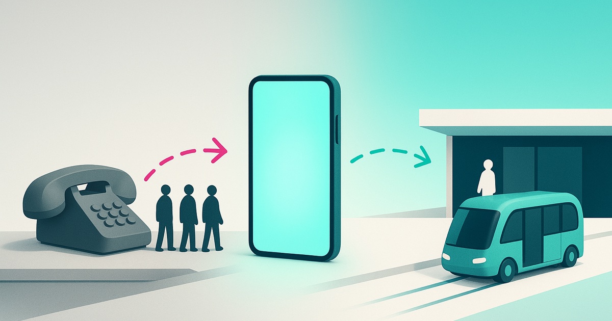Illustration of an old desk telephone and a queue of waiting guests on the left, a teal smartphone in the middle, and a shuttle arriving at a hotel on the right.