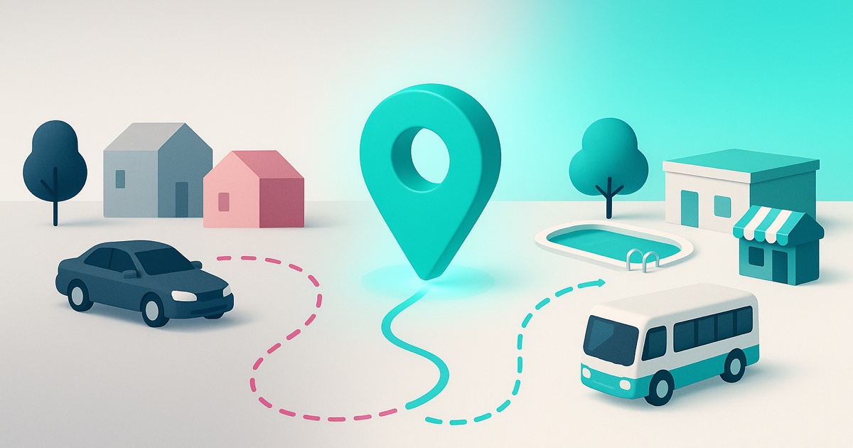 Illustration of a car beside spread-out houses on the left, a teal map pin in the middle, and a shuttle serving a pool and shops on the right.