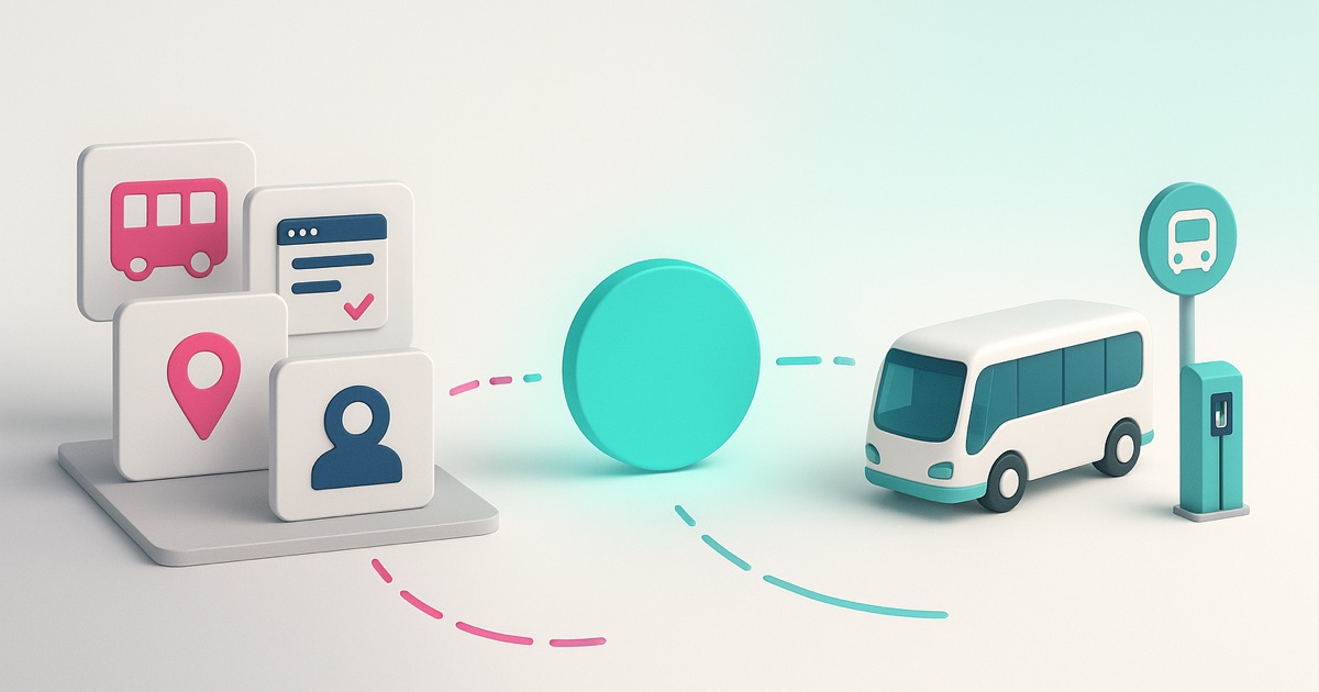 Illustration of separate vendor pieces stacked apart on the left and one complete shuttle service with a charging post and stop on the right.